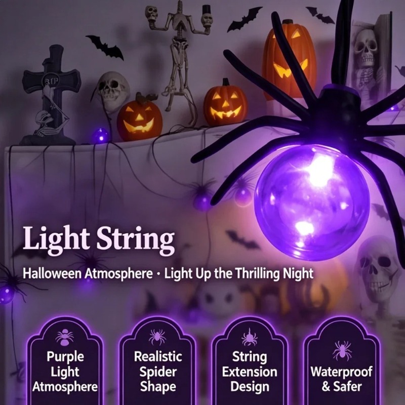 Outdoor Lighting Yard - Batteriebetriebene Spinnen-LED-Lichterkette, Halloween-Außendekoration für Garten und