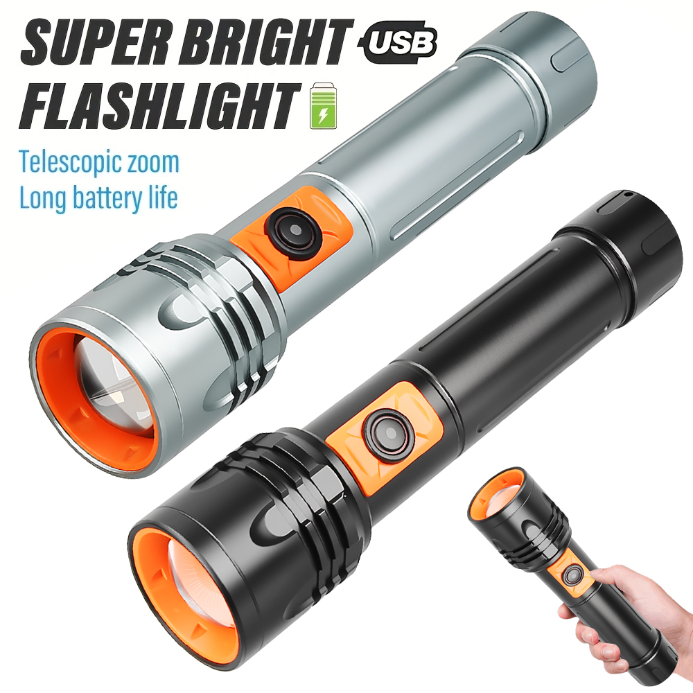 Outdoor Lighting Bulbs - Hochleistungs-LED-Taschenlampe, wiederaufladbare USB-Taschenlampe mit Teleskop-Zoom, superhelle